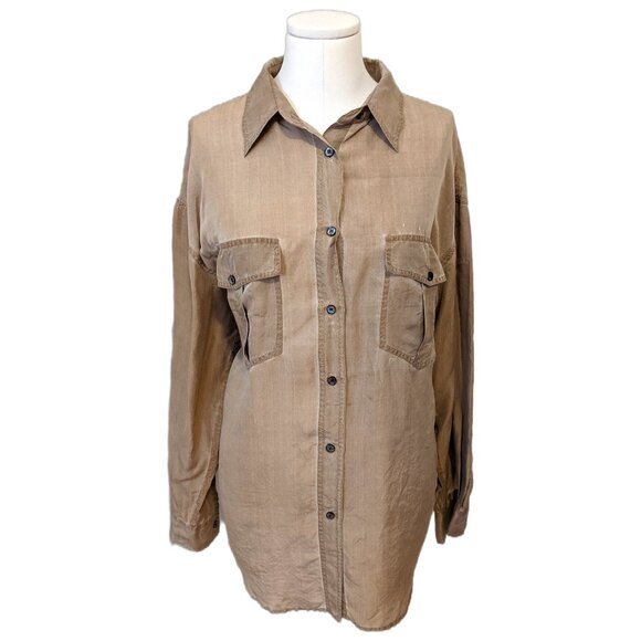 Vintage Tops - Vintage 80s Bloor & Yonge Pure Silk Blouse Long Sleeve Beige Utility Western L